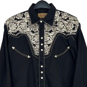 Scully Gunfighter Mens L Black Floral Embroidered Western Pearl Snap Rodeo Shirt